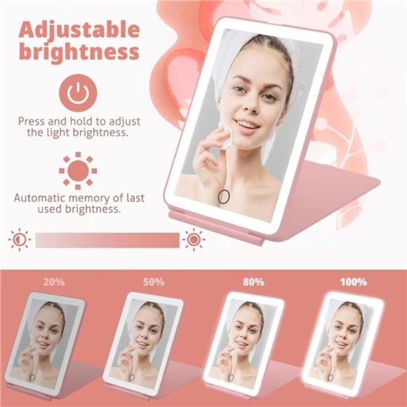 Travel Mirror for Makeup, Rechargeable Light up Pink Mirror with 72 LED Lights - Picture 4 of 8